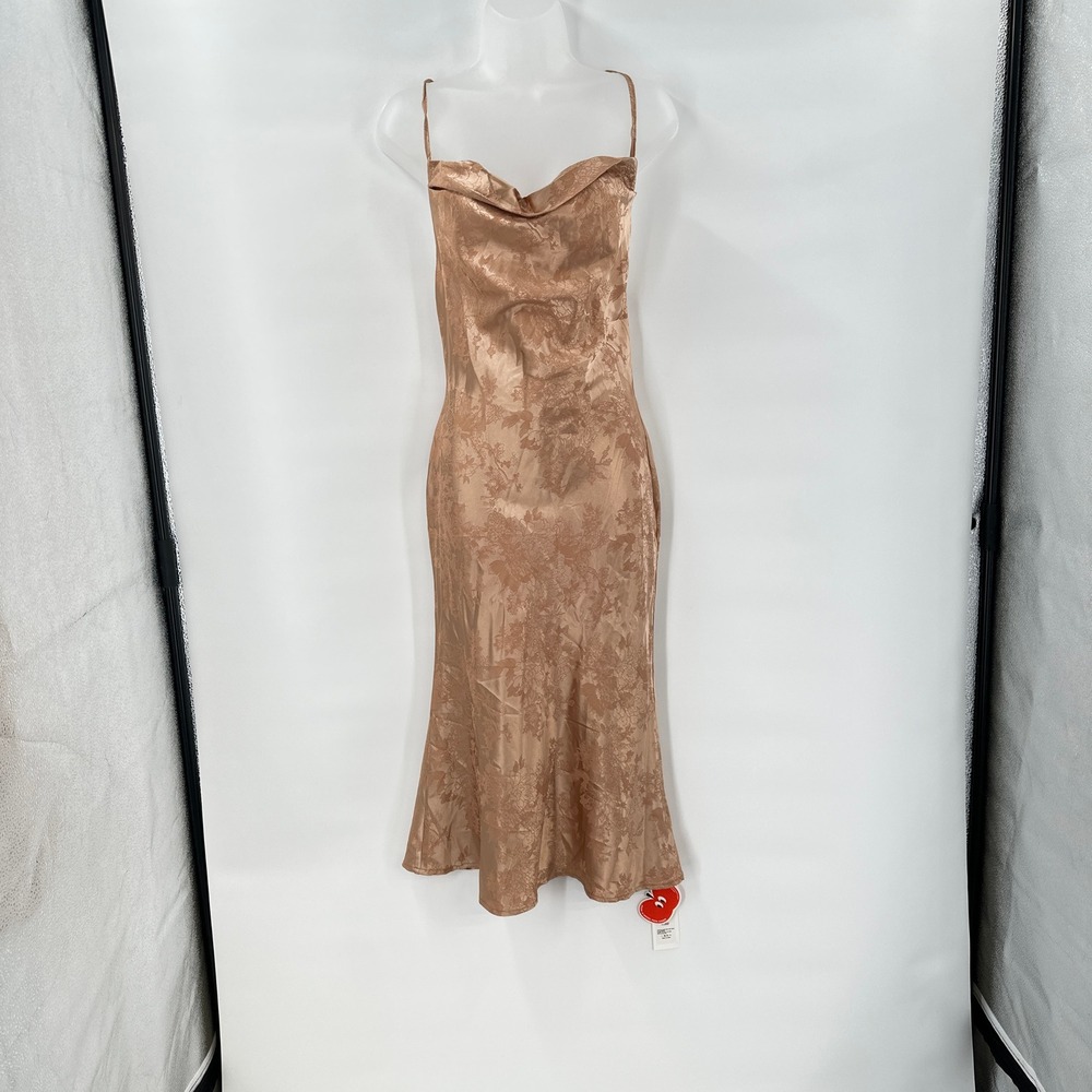 New Satin Slip Dress Small Rose Gold Floral Print Cowl Neck Spaghetti Strap Midi